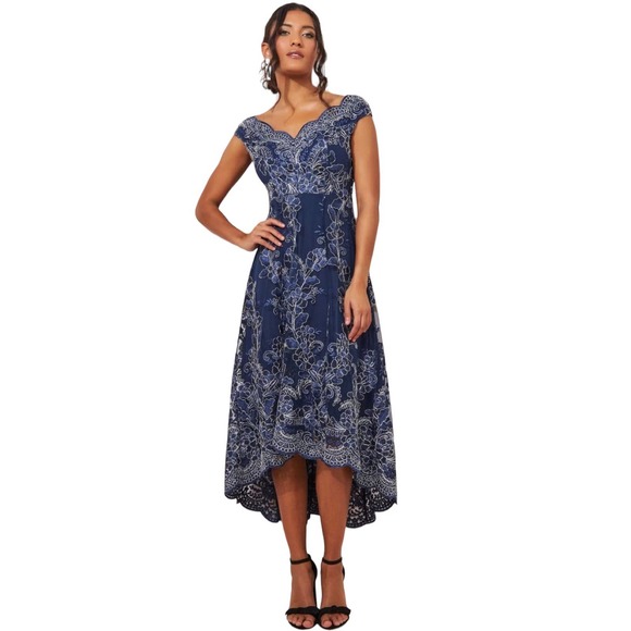 City Goddess London Embroidered Lace Midi Bardot Dip Hem Dress Formal Navy Sz 10 - Picture 3 of 15